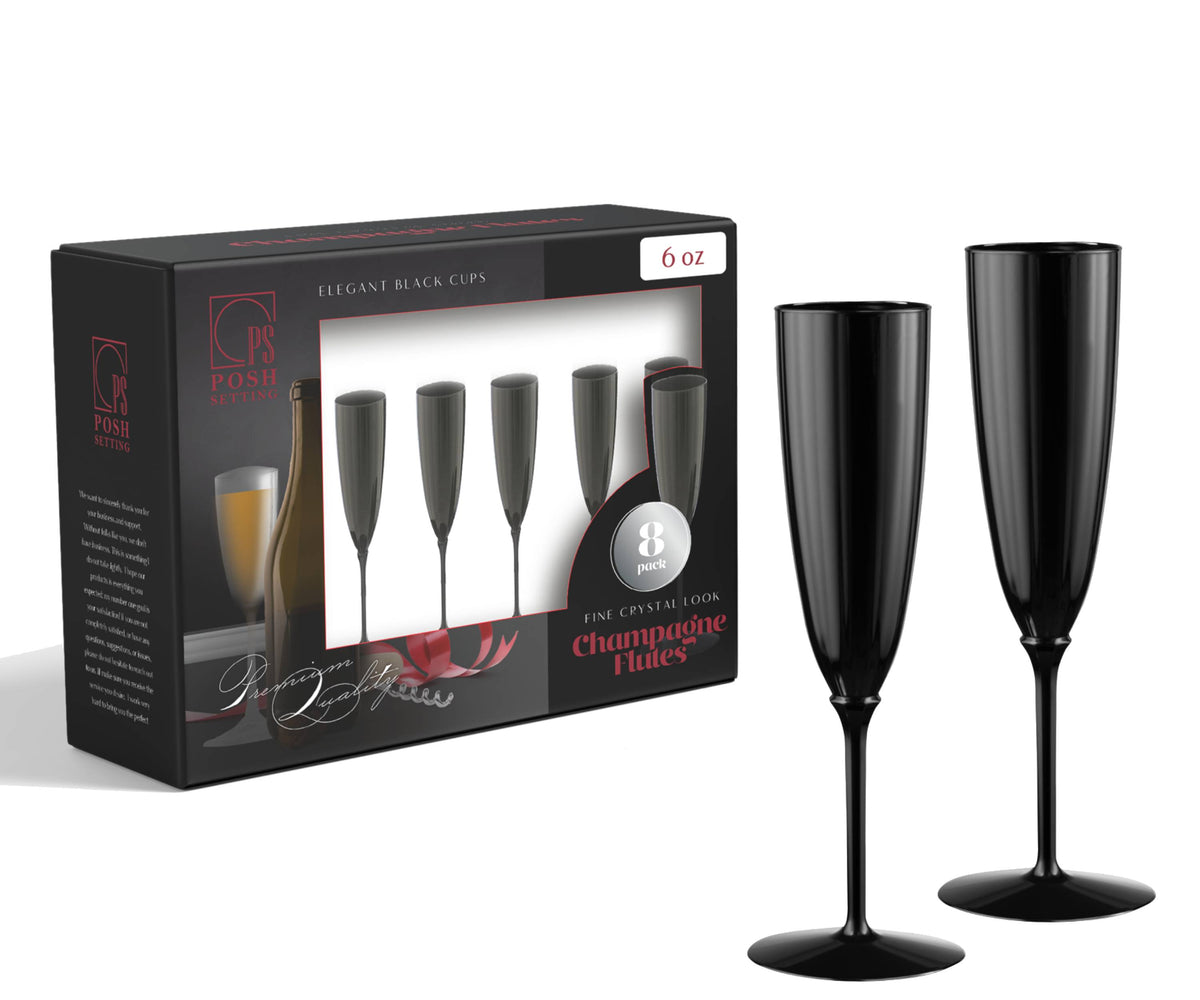 Set of Tall Champagne Flutes With Retro Black Swirl Base 