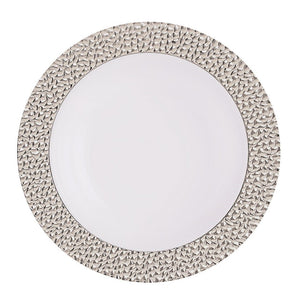10.25 Inch White and Silver Round Plastic Dinner Plate - Hammered - Posh Setting