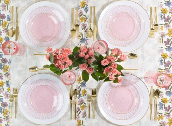 Pink and Gold Round Hammered Plastic Plates Set - Organic Hammered
