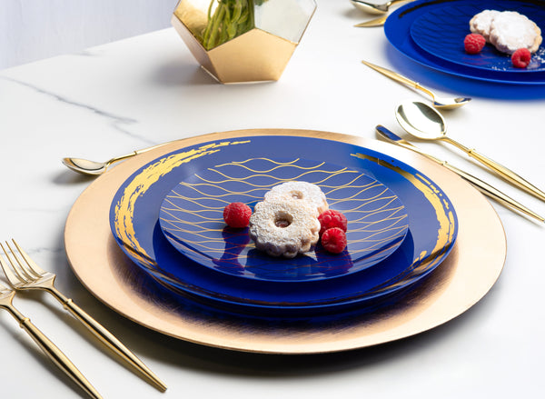 32 Piece Combo Blue and Gold Round Plastic Dinnerware Set (16 Servings) - Whisk