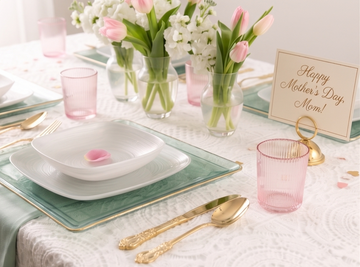 Mother’s Day tablescape with floral disposable dinnerware and elegant place settings