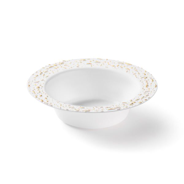 32 Pack White and Gold Round Plastic Soup/Dessert Set (16 Guests) - Pebbled