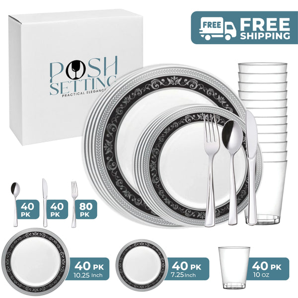 White And Silver/Black Plastic Party Bundle - Royal