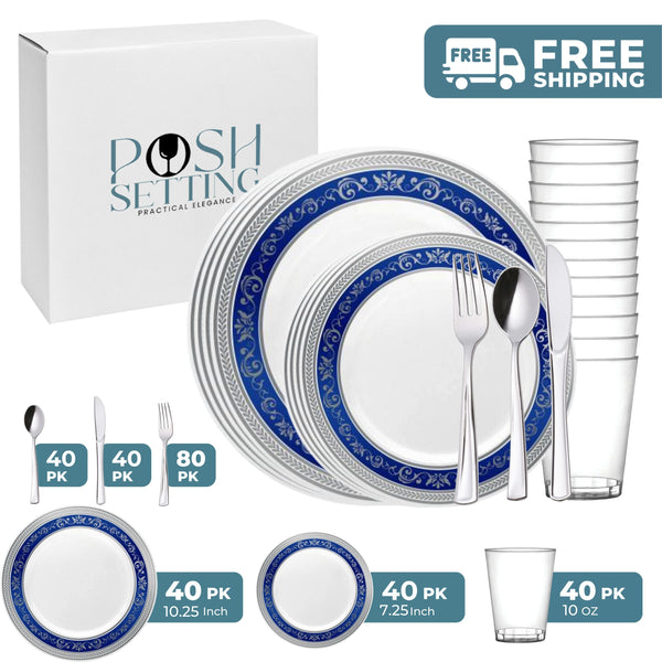 White And Silver/Blue Plastic Party Bundle - Royal