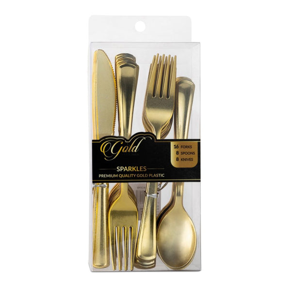 a pack of gold disposable flatware