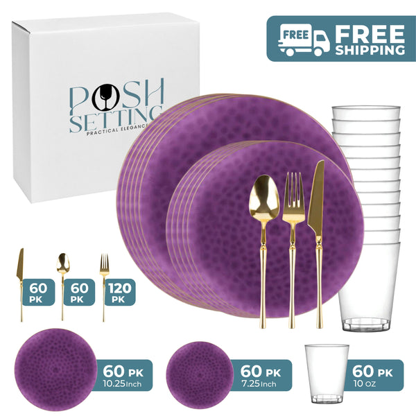 Purple And Gold Plastic Party Bundle - Organic Hammered