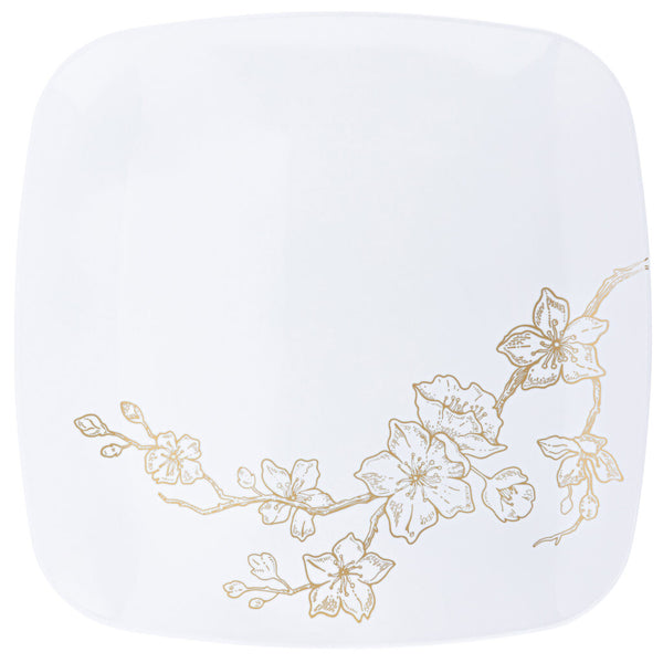 White and Gold Square Plastic Plates 10 Pack - Gold Buds