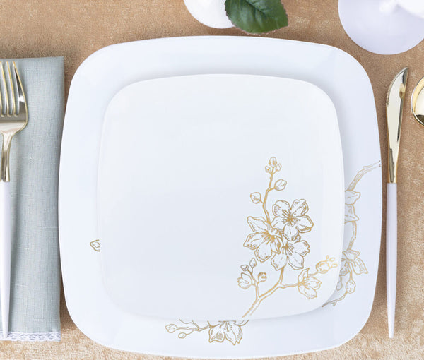 White and Gold Square Plastic Plates 10 Pack - Gold Buds