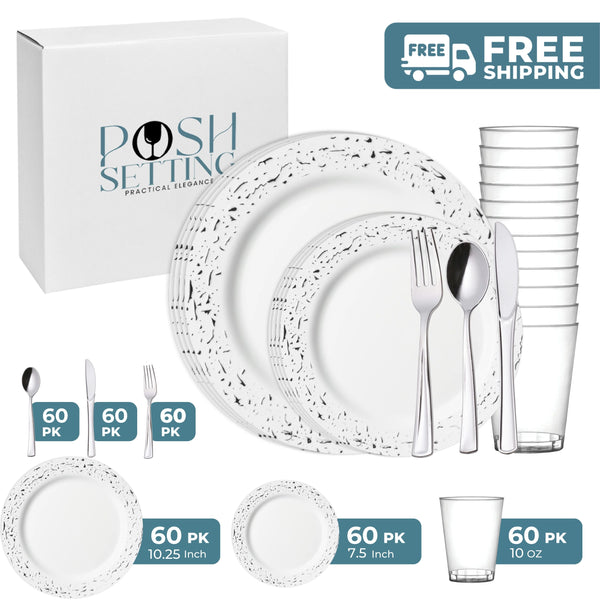 White And Silver Plastic Party Bundle - Pebbled
