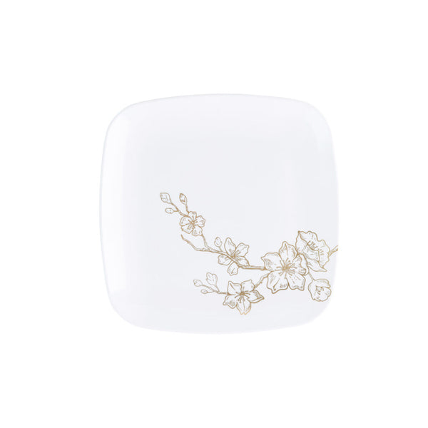 White and Gold Square Plastic Plates 10 Pack - Gold Buds