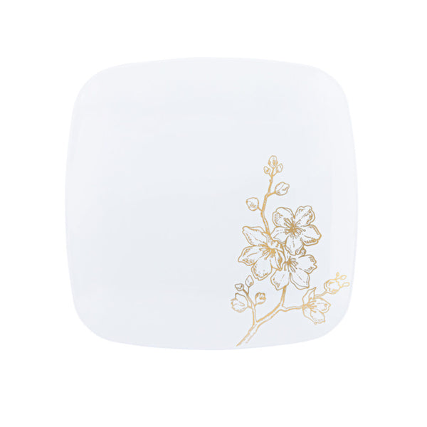 White and Gold Square Plastic Plates 10 Pack - Gold Buds