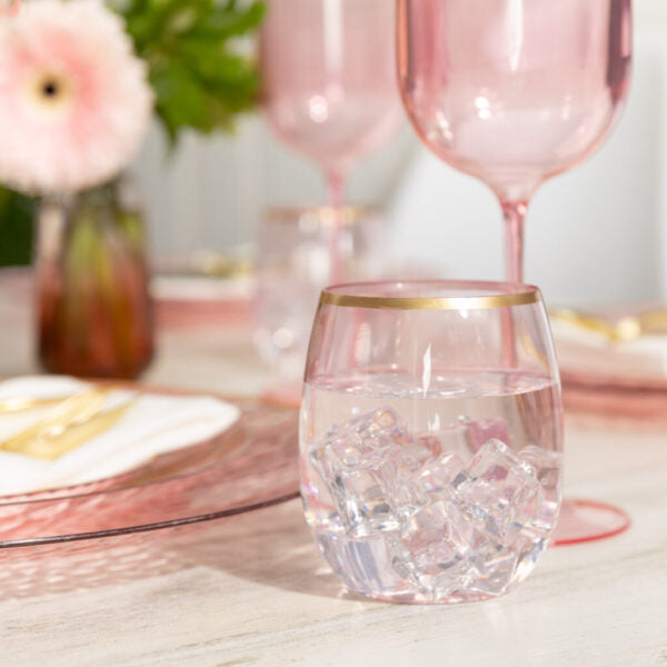 12 oz. Pink Stemless Wine Goblets With Gold Rim 6 Pack