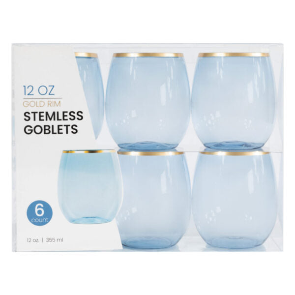 Blue Stemless Wine Goblets With Gold Rim 6 Pack