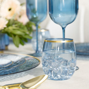 Blue Stemless Wine Goblets With Gold Rim