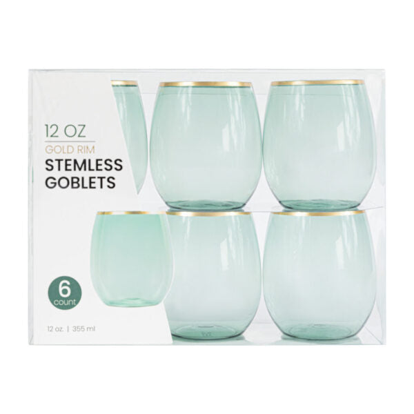 12 oz. Green Plastic Stemless Wine Goblets With Gold Rim 6 Pack
