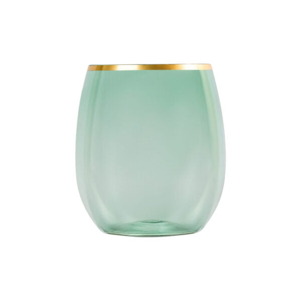 12 oz. Green Plastic Stemless Wine Goblets With Gold Rim 6 Pack