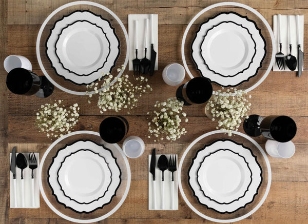32 Count White and Black Rim Plastic Dinnerware Set (16 Guests) - Contemporary