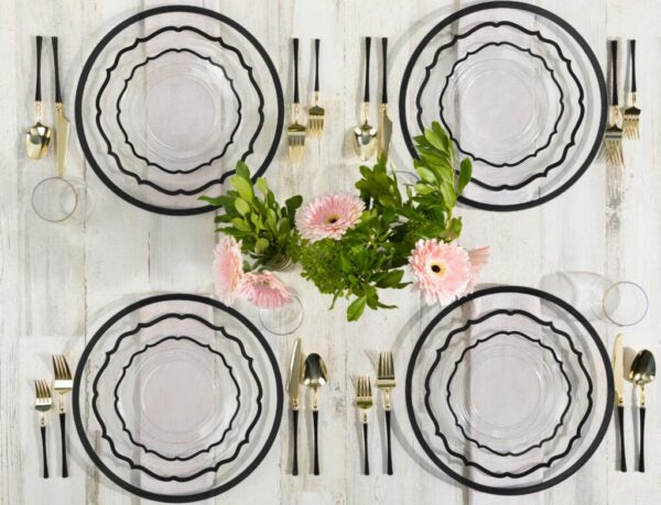 32 Count Clear and Black Rim Plastic Dinnerware Set (16 Guests) - Contemporary
