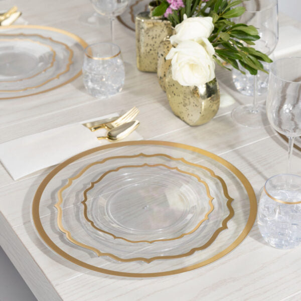32 Count Clear and Gold Rim Plastic Dinnerware Set (16 Guests) - Contemporary