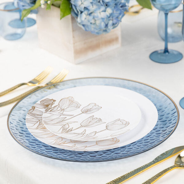 32 Pack White and Gold Round Plastic Dinnerware Set (16 Guests) - Organic Tulip