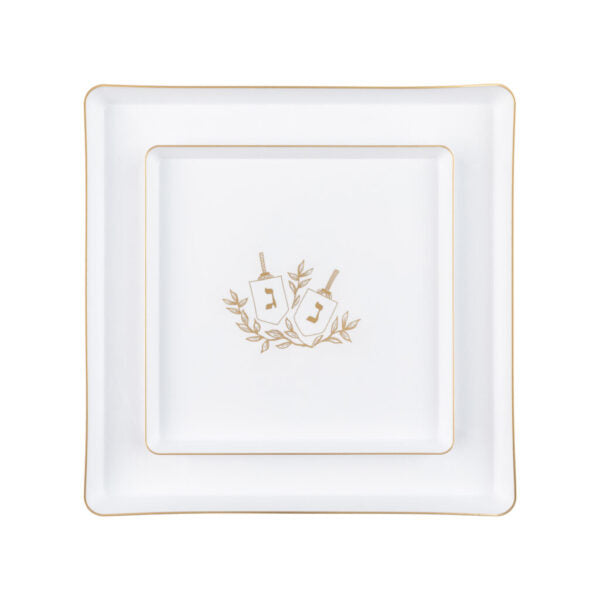 16 Piece White and Gold Square Edge Plastic Dinnerware Set (8 Servings) - Chanukah