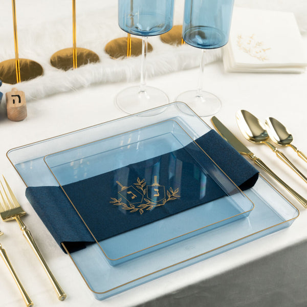 7.75" Transparent Blue and Gold Square Plastic Salad Plates 8 Pack - Chanukah