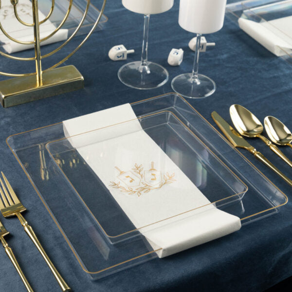16 Piece Clear and Gold Square Edge Plastic Dinnerware Set (8 Servings) - Chanukah
