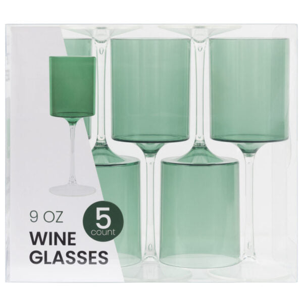 Two Tone 9 Oz Green/Clear Plastic Wine Goblets - 5 Count
