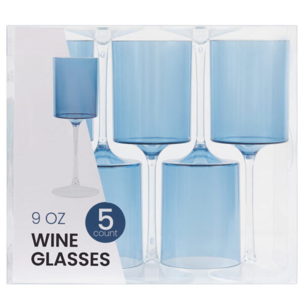 Two Tone 9 Oz Blue/Clear Plastic Wine Goblets - 5 Count
