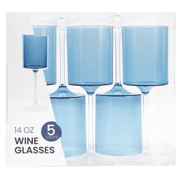 Two Tone 14 Oz Blue/Clear Plastic Wine Goblets - 5 Count