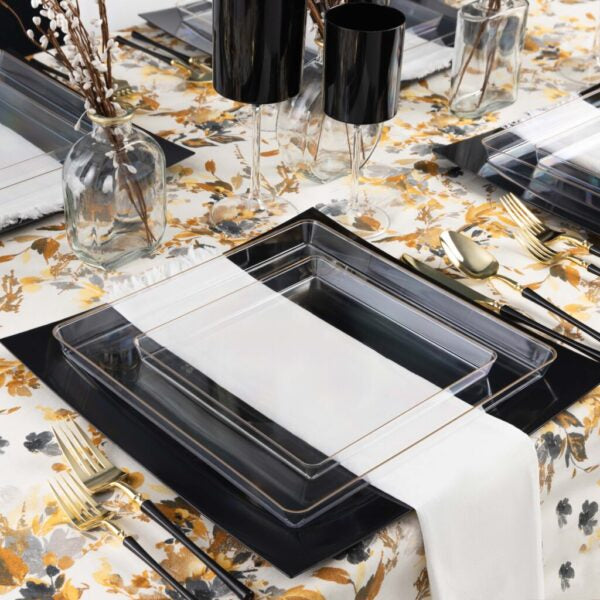 20 Pack Clear and Gold Square Plastic Dinnerware Set (10 Guests) - Square Edge