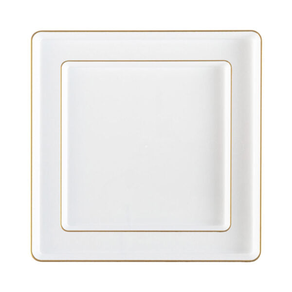White and Gold Rim Square Plastic Plates - Square Edge