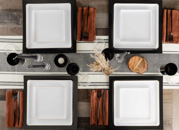 20 Pack White and Gold Square Plastic Dinnerware Set (10 Guests) - Square Edge