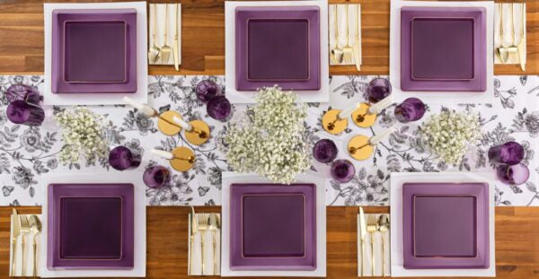 20 Pack Purple and Gold Square Plastic Dinnerware Set (10 Guests) - Square Edge