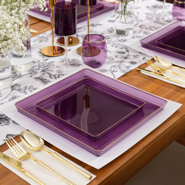 20 Pack Purple and Gold Square Plastic Dinnerware Set (10 Guests) - Square Edge