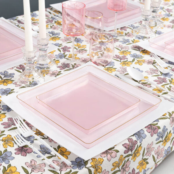 Pink Transparent and Gold Rim Square Plastic Plates - Square Edge