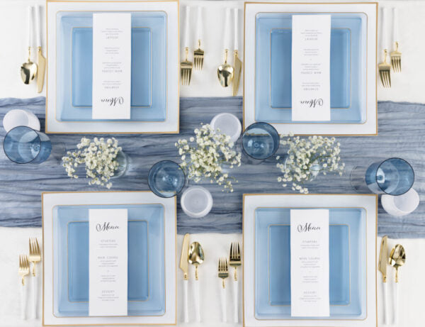 Blue Transparent and Gold Rim Square Plastic Plates - Square Edge