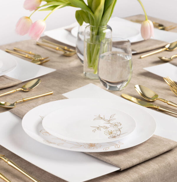32 Pack White and Gold Round Plastic Dinnerware Set (16 Guests) - Primrose
