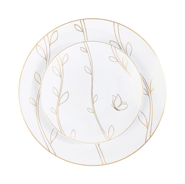 32 Pack White and Gold Round Plastic Dinnerware Set (16 Guests) - Flutter