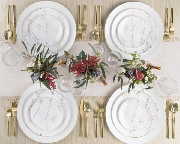 32 Pack White and Gold Round Plastic Dinnerware Set (16 Guests) - Flutter