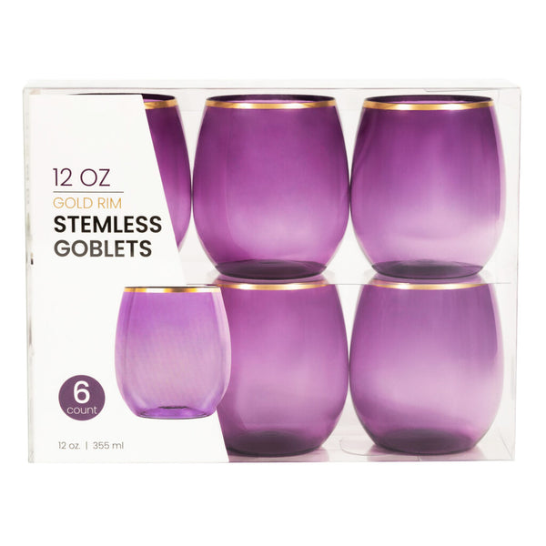 12 oz. Purple Stemless Wine Goblets With Gold Rim 6 Pack
