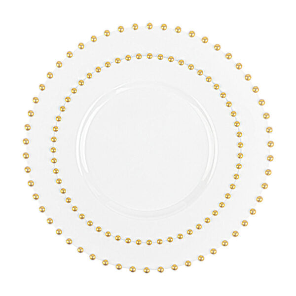 32 Pack White and Gold Round Plastic Dinnerware Set (16 Guests) - Beaded