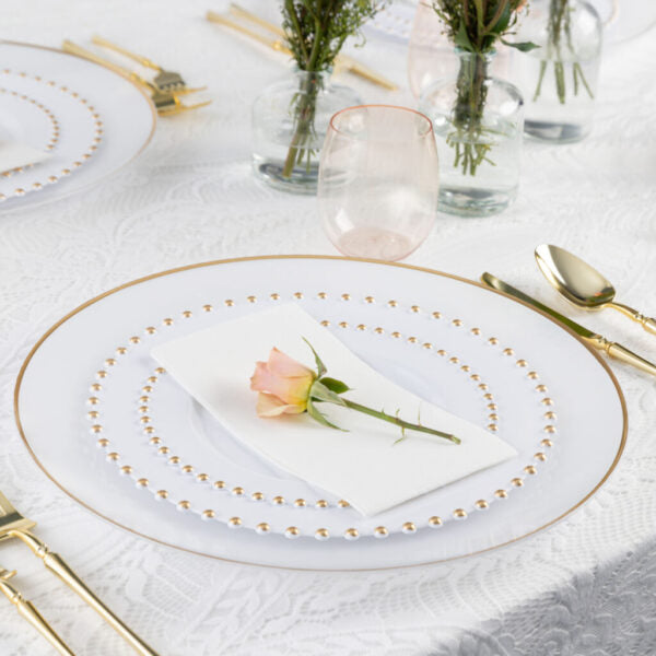 32 Pack White and Gold Round Plastic Dinnerware Set (16 Guests) - Beaded