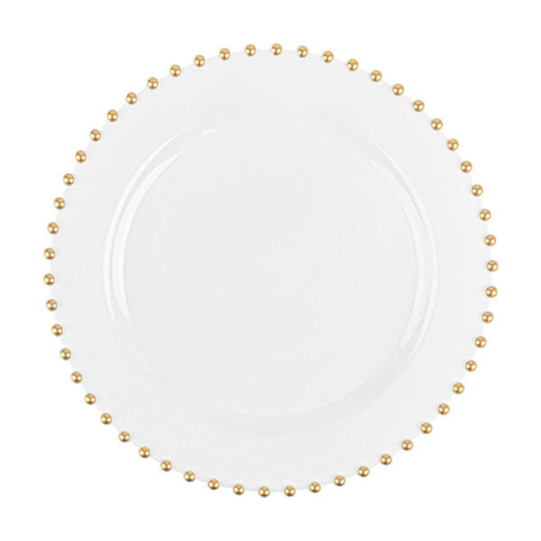 32 Pack White and Gold Round Plastic Dinnerware Set (16 Guests) - Beaded