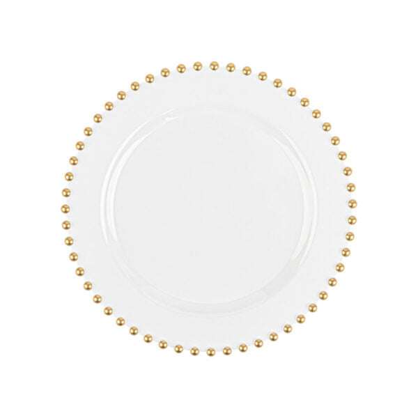 32 Pack White and Gold Round Plastic Dinnerware Set (16 Guests) - Beaded