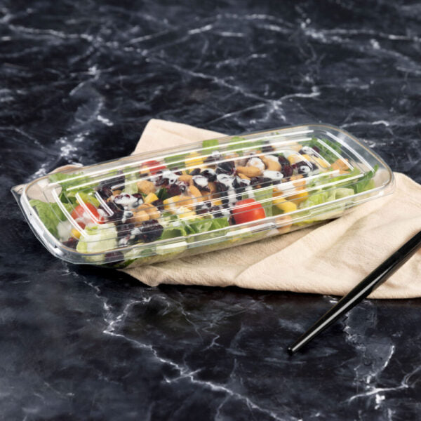 White and Gold Organic Rectangular Plastic Salad Bowl With Clear Lid - 1 Count