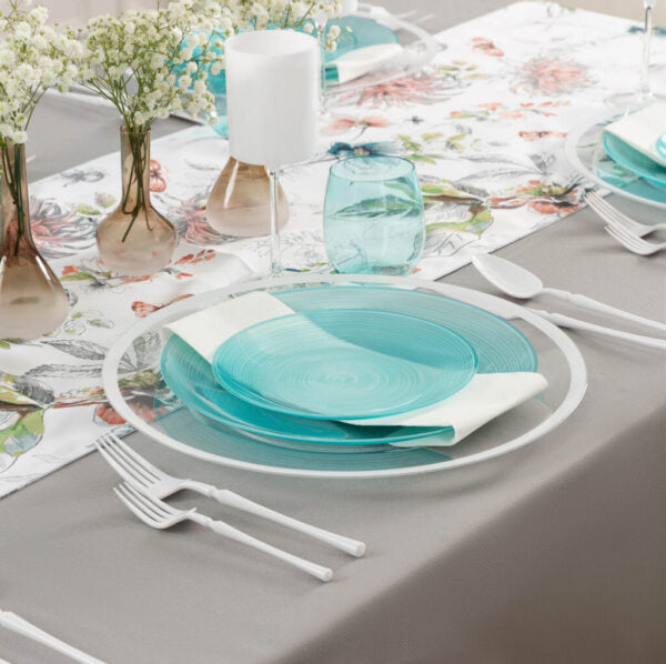 32 Pack Aqua Transparent Round Plastic Dinnerware Set (16 Guests) - Crystal Design