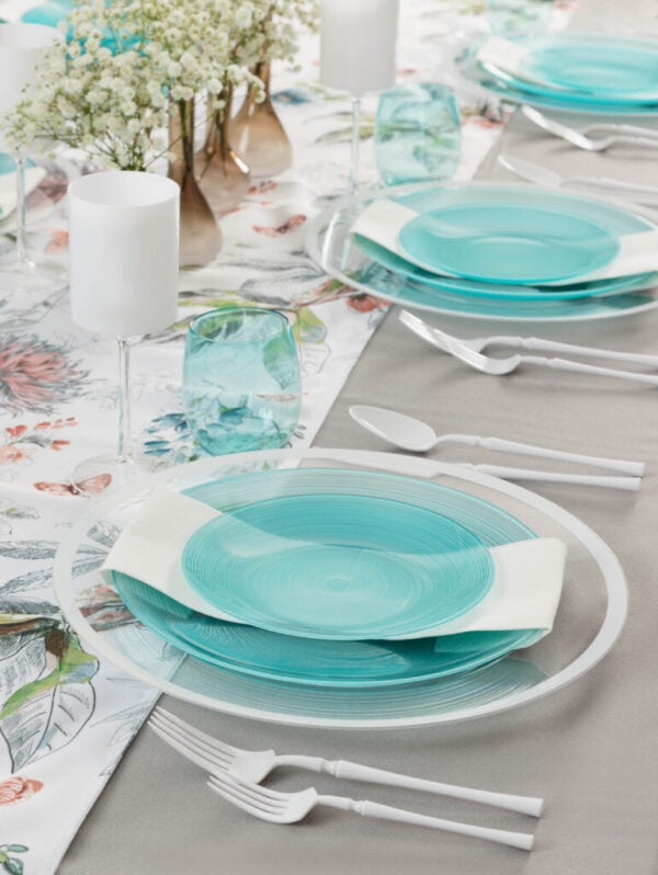 32 Pack Aqua Transparent Round Plastic Dinnerware Set (16 Guests) - Crystal Design