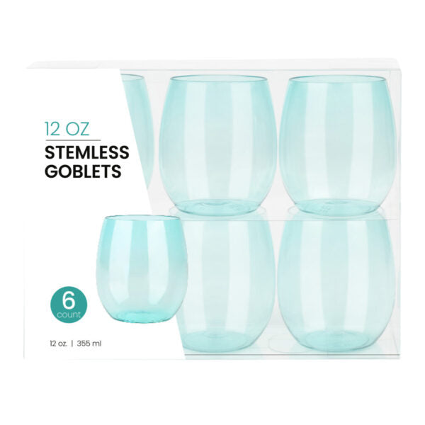 12 oz. Aqua Transparent Stemless Wine Goblets 6 Pack