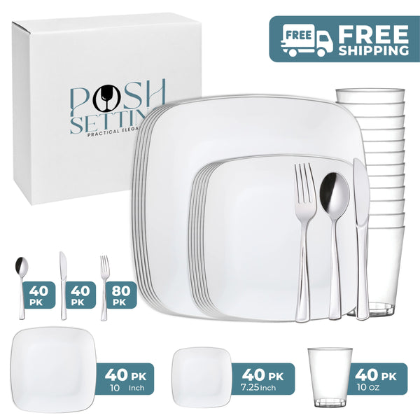 White And Silver Plastic Party Bundle - Classic Square
